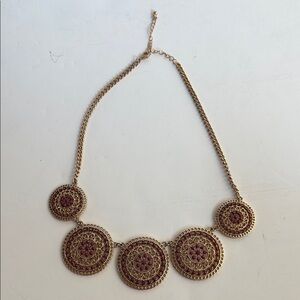 Statement necklace gold tone medallion coin purple bead adjustable necklace